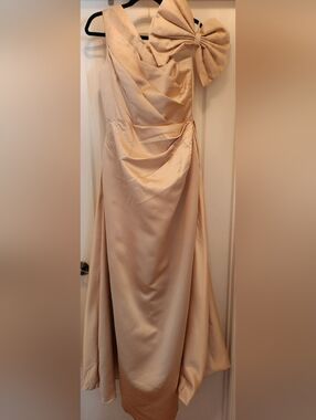 Asymmetrical One-Shoulder Satin Dress with Statement Bow in Champagne